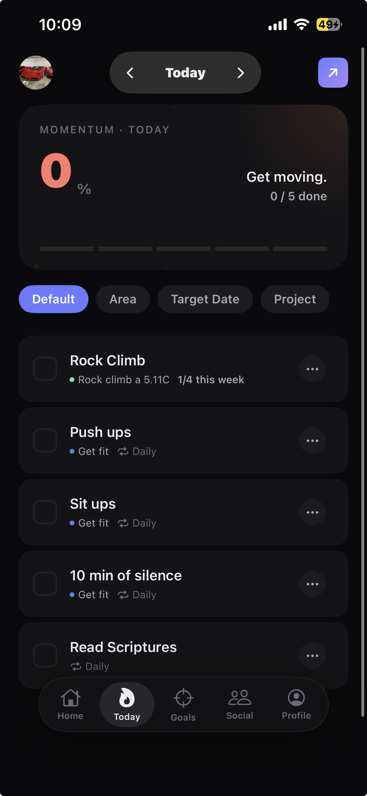 Today View with momentum score and daily habits